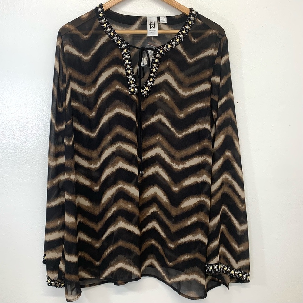 Marc Bower Blouse Top Woman 1X Brown Abstract Semi Sheer Beaded Trim Feminine